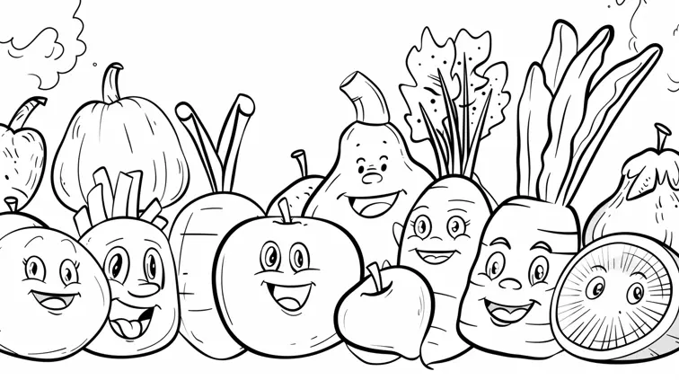 Coloring book page featuring a group of smiling fruits and vegetables. Bold lines and simple designs, perfect for teaching kids about healthy foods.