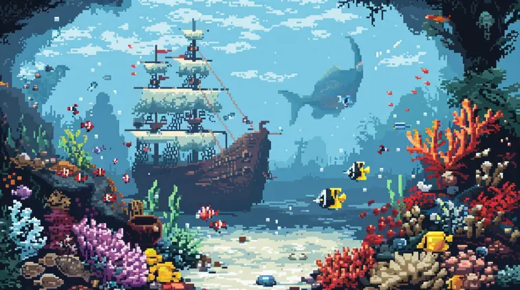 Pixelated underwater world with colorful fish and a sunken pirate ship