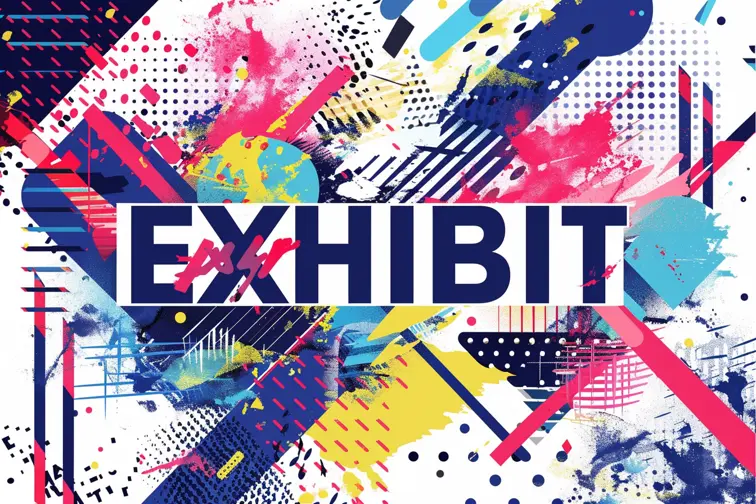 An abstract art exhibition poster with geometric shapes, a paint splatter, and "EXHIBIT" text, modern, artistic, poster art