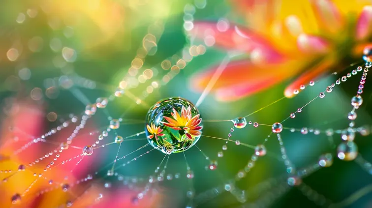 Extreme close-up of a dewdrop on a spider's web, refracting a miniature image of a flower garden, shot with a macro lens at f/2.8