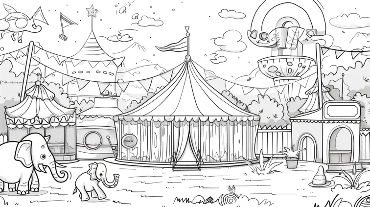 Line art of a circus scene with a big top tent, clown, and elephant. Thick outlines and cartoon style, suited for a children's coloring book.