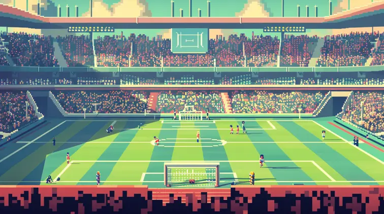 Retro pixel art sports stadium with tiny animated crowd and players, green pixelated field and players with orange and red uniforms.