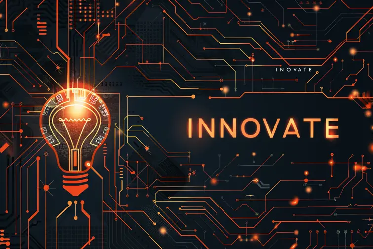 A sleek tech conference poster with circuit board patterns, a lightbulb icon, and "INNOVATE" text, futuristic, minimalist, poster art