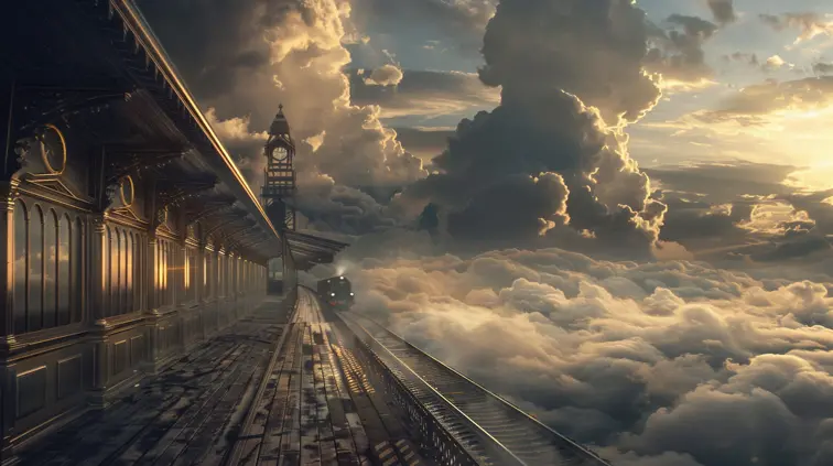 Hyperrealistic photo of a Victorian-era train station where the tracks lead up into the clouds, blending historical accuracy with surreal imagination