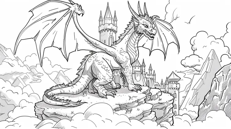 Image with black lines on a white background, illustrating a fantasy dragon guarding a castle. Large shapes and clean lines for an engaging coloring page.