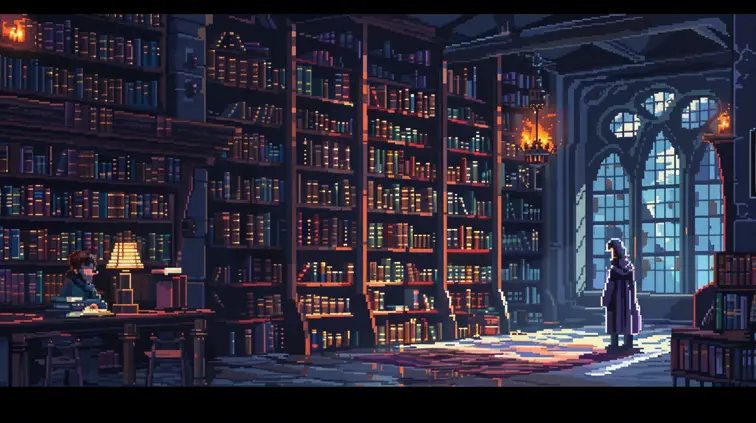 16-bit pixel art magical library with floating books and wizard apprentices