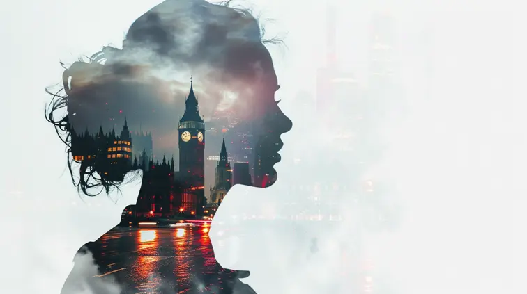 A double exposure of the portrait silhouette of a Victorian-era lady, foggy London street, styled as digital art, white isolated background, colorful.