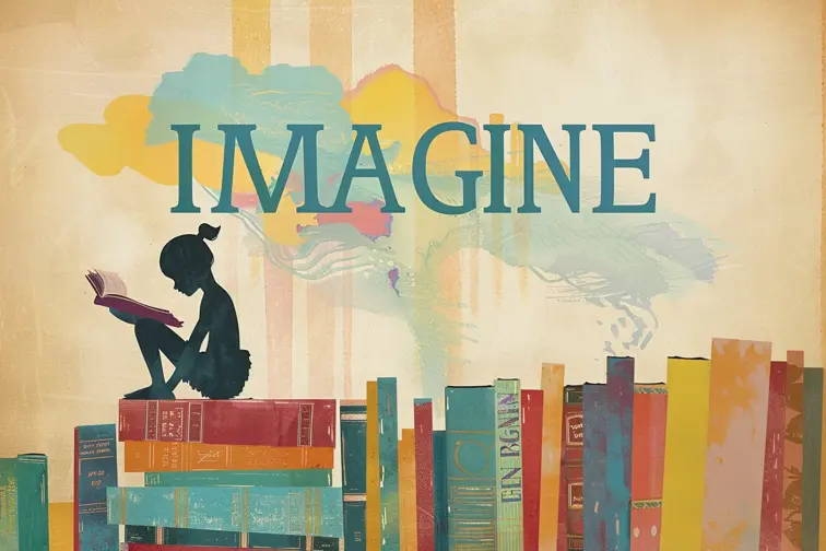A whimsical children's book fair poster with stacked books, a reading child silhouette, and "IMAGINE" text, playful, colorful, poster art