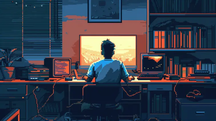 A programmer sits coding in his room, 90s point and click, 16-bit pixel art