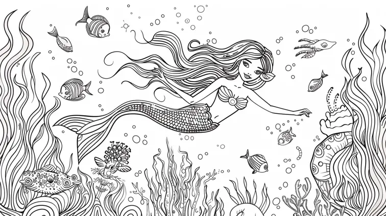 Coloring page of a mermaid swimming with sea creatures. Thick outlines and whimsical details, perfect for an underwater coloring book theme.