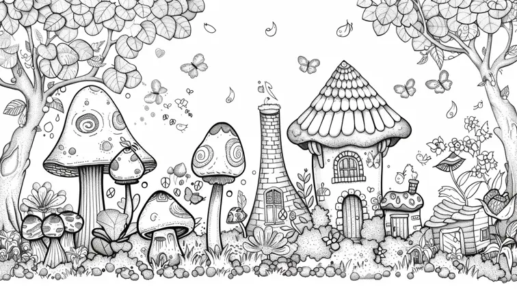 Image with black lines on a white background, illustrating a fairy garden with toadstools and tiny houses. Coloring book style with enchanting details.