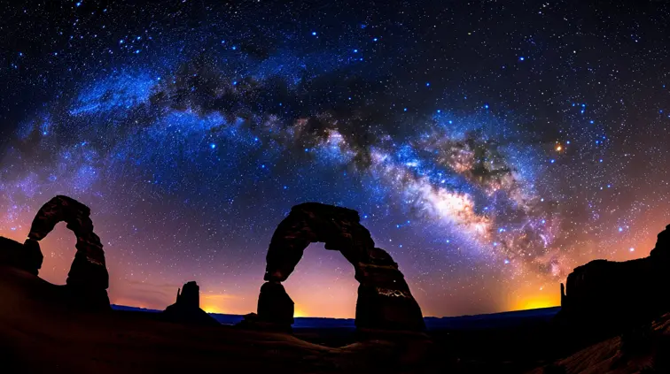 Milky Way galaxy arching over a silhouetted desert landscape, captured with a wide-angle lens and long exposure