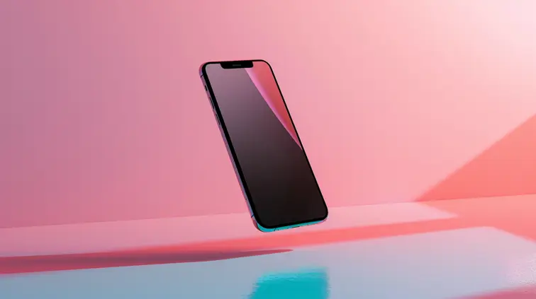 Minimalist product shot of a sleek smartphone floating against a gradient background, suitable for a tech company's brochure cover