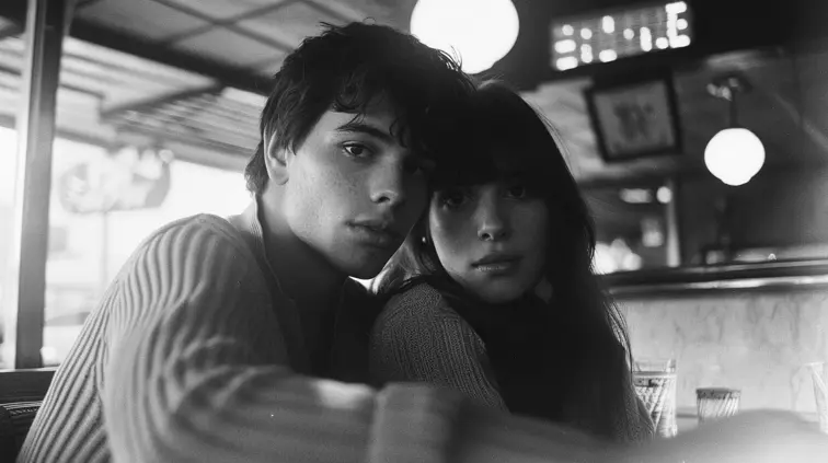 Nostalgic portrait of a young couple at a 1970s diner, shot on grainy Kodak Tri-X film with visible light leaks and slight vignetting