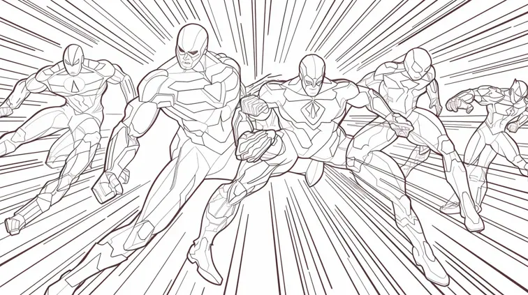 Image with black lines on a white background, illustrating a group of superheroes in action poses. Coloring book style with dynamic yet simple designs.