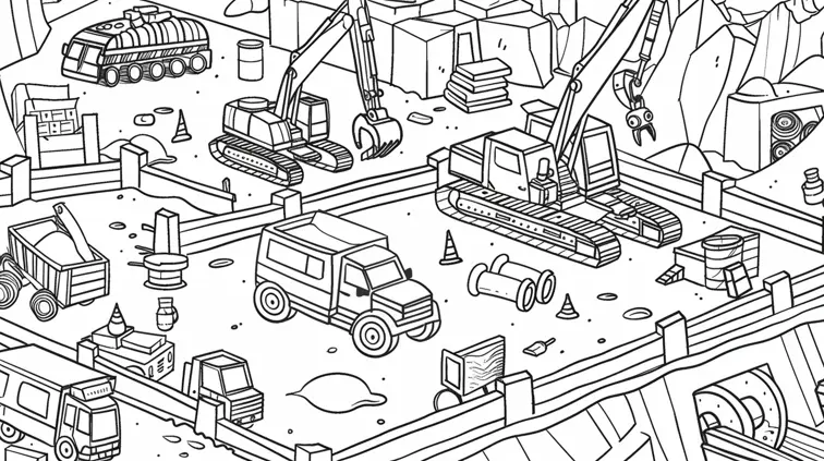 Cartoon-style construction site with various vehicles and workers. Think outlines and clear shapes for an engaging coloring book experience.