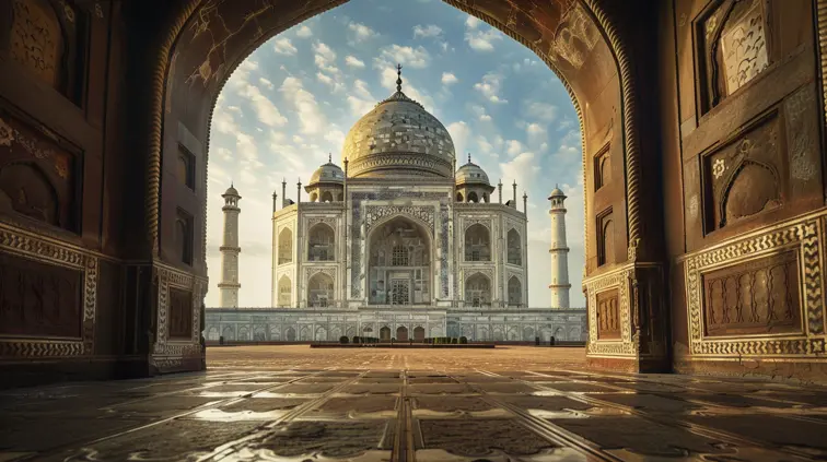 A stone archway in the foreground frames a perfectly symmetrical view of the Taj Mahal in the distance. The arch's curve echoes the dome of the Taj, creating visual harmony, while the framing device adds depth and draws the viewer's eye to the central subject.