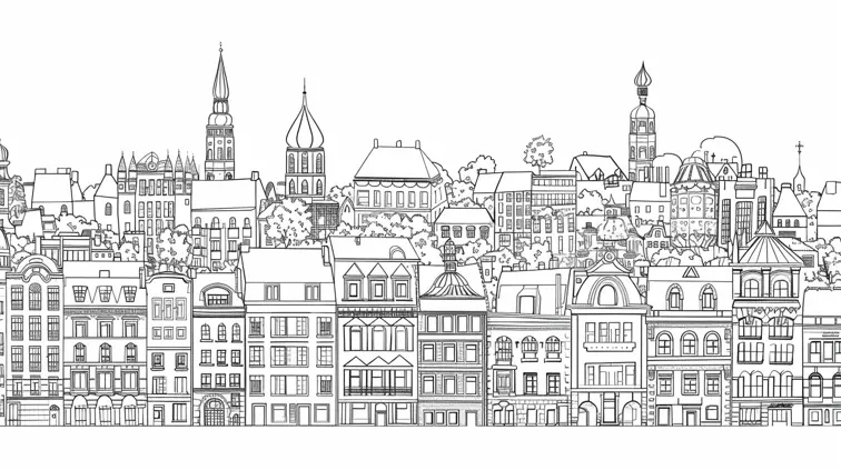 Image with black lines on a white background, illustrating a detailed cityscape with various buildings. Coloring book style with interesting architectural elements.