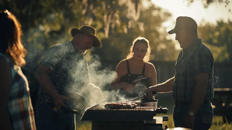 Portrait of a family outdoors surrounding a smoking BBQ, soft natural lighting, shallow depth of field, shot with a Nikon D850 and 70-200mm f/2.8E FL ED VR lens at 200mm