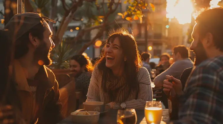 A group of friends laughs together while sharing a meal at an outdoor café table, golden hour lighting