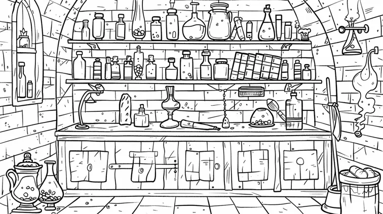 Coloring book page featuring a magical wizard's laboratory with potions and spell books. Cartoon style with thick outlines and whimsical details.