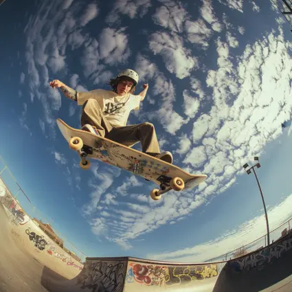 Skateboarder catches some air over the box, shot with a fish-eye lens