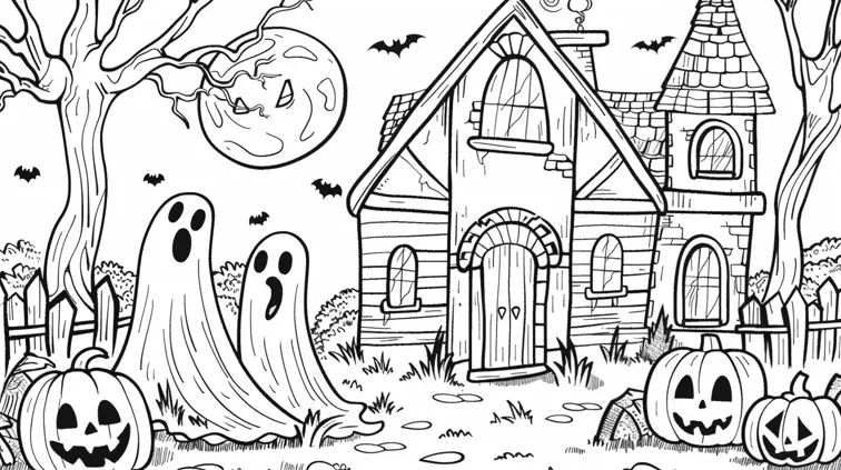 Cartoon-style haunted house scene with friendly ghosts and jack-o'-lanterns. Bold lines and low detail, perfect for a Halloween coloring book.