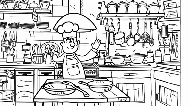 Coloring page of a busy kitchen scene with chef and cooking utensils. Simple shapes and clear lines, ideal for young aspiring cooks.