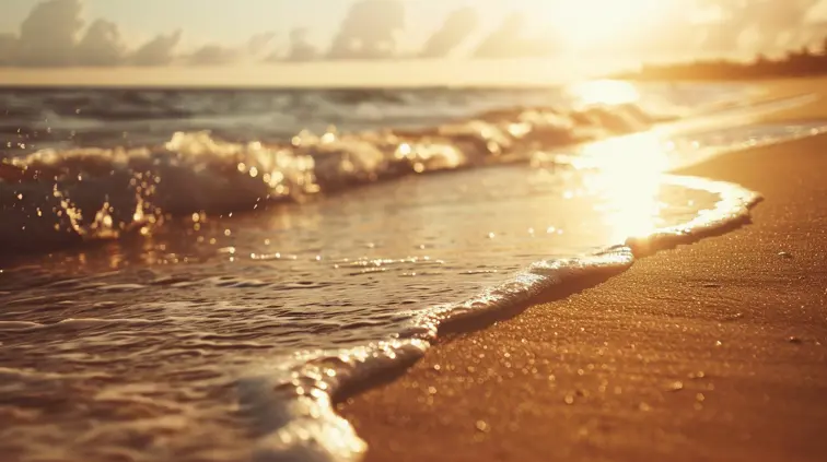 Sun-drenched beach scene with warm, golden tones and slightly faded blacks, emulating a popular VSCO filter