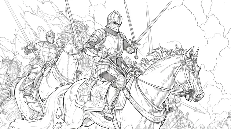 Line art of a medieval jousting tournament with knights and horses. Large areas to color and interesting details for an historical coloring book theme.