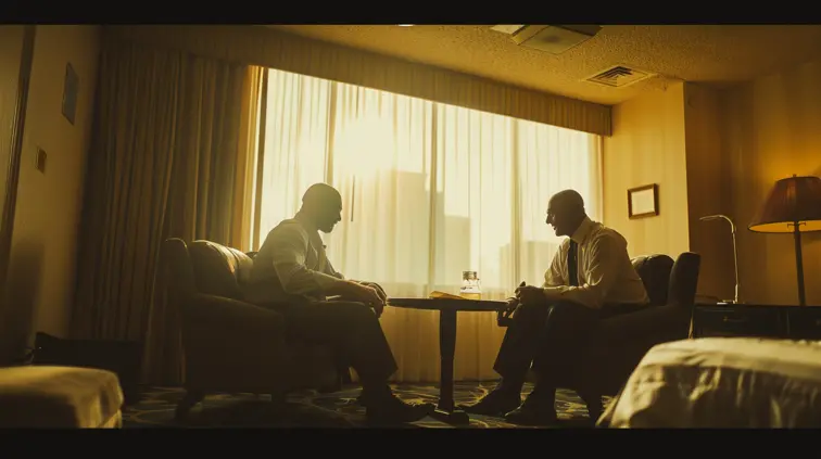 Two gritty men discuss a business deal in a small hotel room, hyper realistic photography, sharp focus, breaking bad flashback LUT