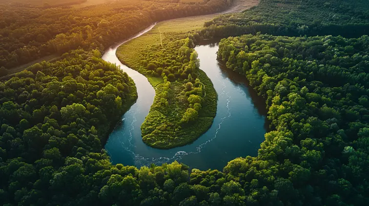 A breathtaking aerial view of a winding river cutting through a lush forest, captured by a drone at golden hour, showcasing the landscape's natural patterns and textures from a bird's-eye perspective