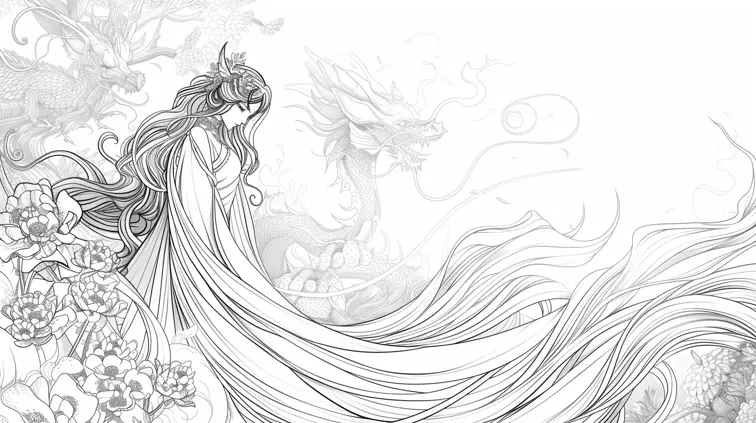 Coloring book page featuring a magical fairy tale scene with a princess and dragon. Bold lines and whimsical elements for imaginative coloring.