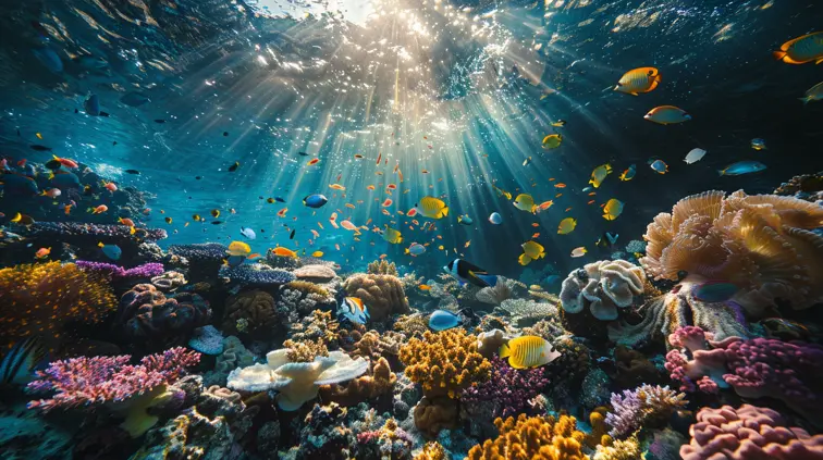 A vibrant underwater scene of a coral reef teeming with tropical fish, captured with a wide-angle lens in crystal-clear waters. Sunlight filters through the surface, creating ethereal light beams that illuminate the colorful marine life.