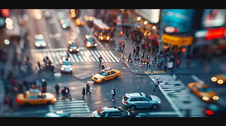 A tilt-shift photograph of a busy city intersection, making the urban landscape appear like a miniature model. Cars and pedestrians look like toys, with a narrow band of sharp focus surrounded by a smoothly blurred background and foreground.