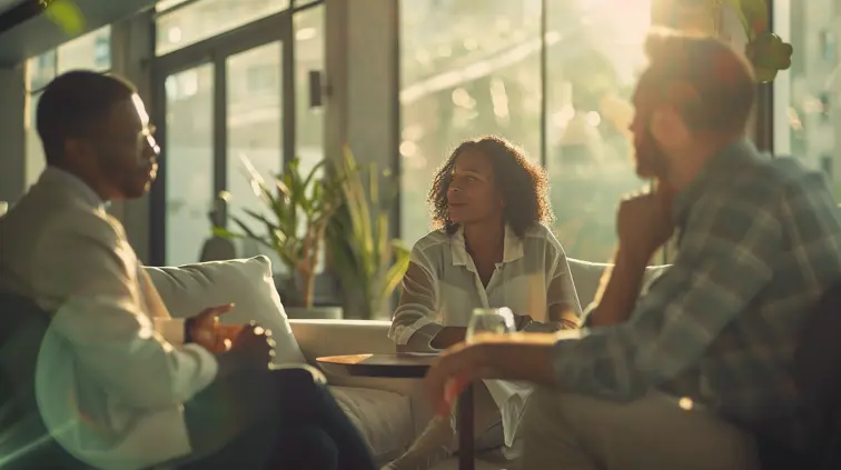 Corporate team meeting in a modern office space, diverse group of professionals collaborating, with soft natural lighting