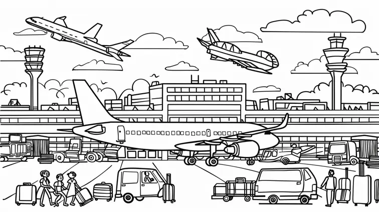Line art of a busy airport with planes, luggage, and travelers. Large, closed shapes and clear outlines for an engaging transportation-themed coloring page.