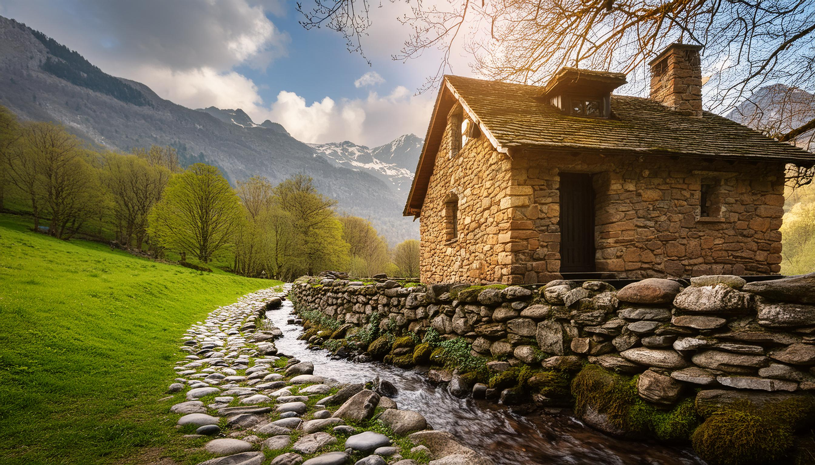 Adobe Firefly example of a cottage and a green landscape.