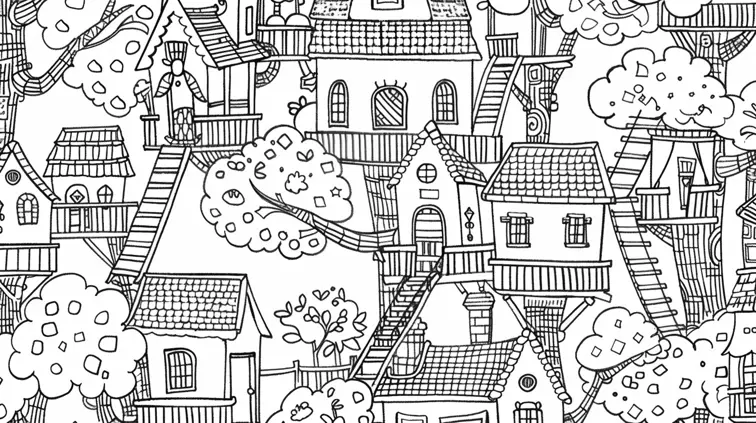 Image with black lines on a white background, illustrating a detailed tree house neighborhood. Coloring book style with interconnected houses and ladders.