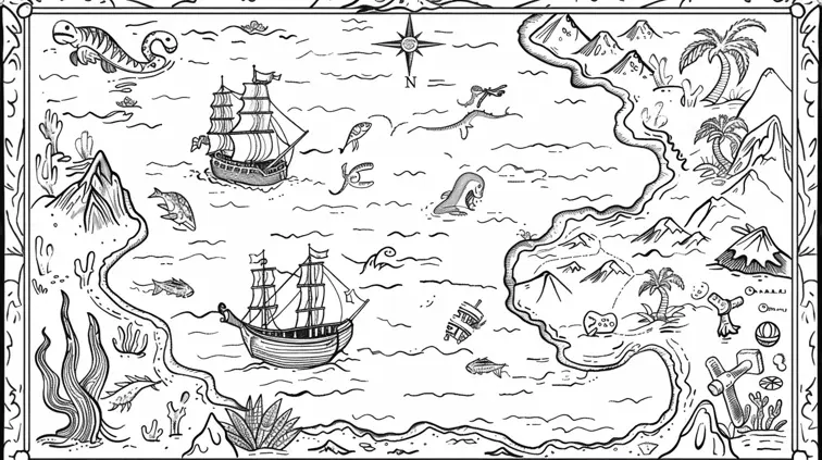Cartoon-style pirate treasure map with X marks the spot and sea monsters. Think outlines and low detail for an adventurous coloring page.