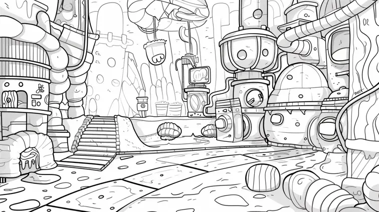 Line art of a magical candy factory with conveyor belts and sweet treats. Whimsical details and simple outlines for a delightful coloring experience.