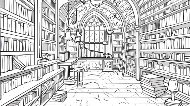 Clean line art of a magical library with flying books and reading nooks, perfect for a coloring book page. Thick outlines and whimsical touches for easy coloring
