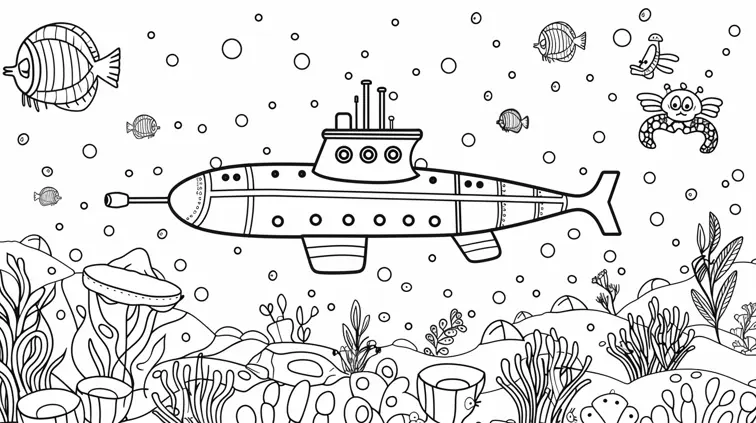 Image with black lines on a white background, illustrating an underwater exploration scene with submarine and sea creatures suited for coloring in. Cartoon style with simple shapes, coloring book style, no solid fill