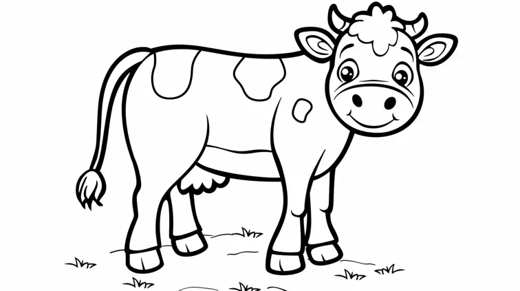 Image with black lines on a white background, illustrating a friendly cartoon cow suited for coloring in. Large, closed shapes, coloring book style, no solid fill