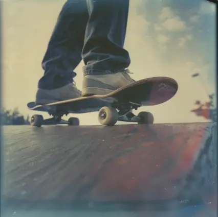 A polaroid snapshot of skateboarding in action, 2000s nostalgia