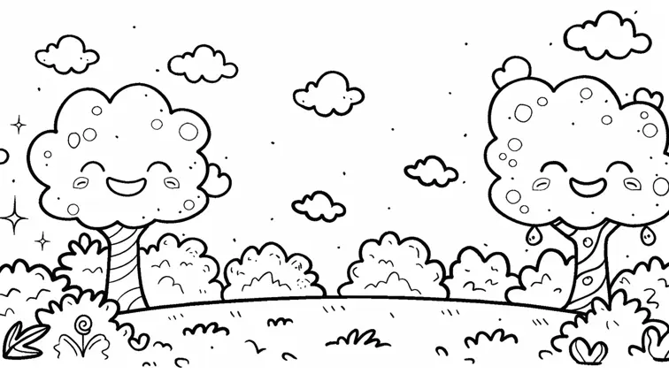 Clean line art of a smiling trees and winking clouds, perfect for a coloring book page. Thick outlines and ample white space for easy coloring