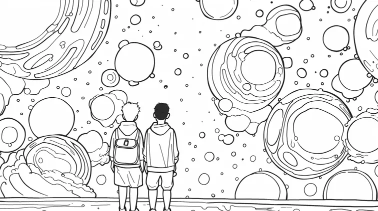 Image with black lines on a white background, illustrating two best friends exploring, suited for coloring in. Large, closed shapes, coloring book style, no solid fill