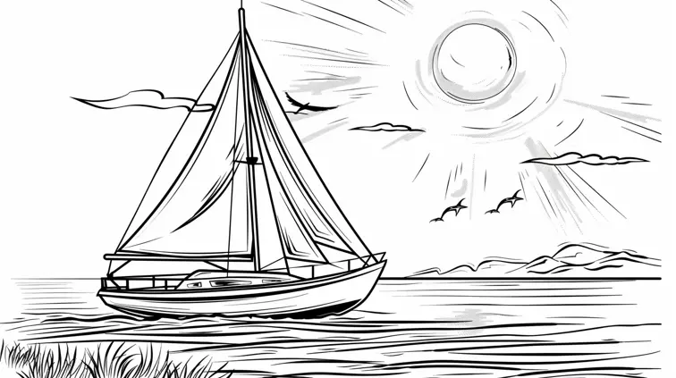 Image with black lines on a white background, illustrating a sailboat on calm waters suited for coloring in. Coloring book style with basic shapes, no solid fill