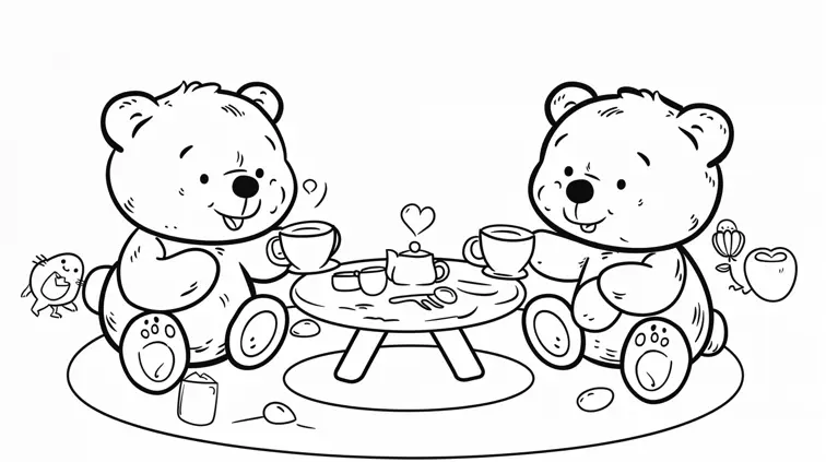 Clean line art of a teddy bear tea party, perfect for a coloring book page. Bold lines and ample white space for easy coloring