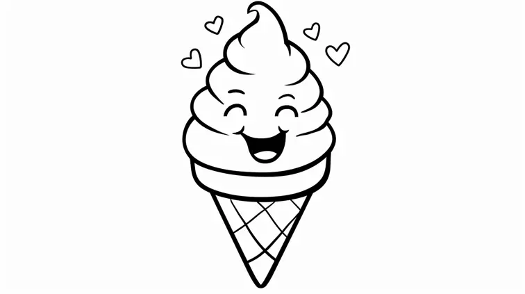 Clean line art of a smiling ice cream cone, perfect for a coloring book page. Thick outlines and basic shapes for easy coloring.